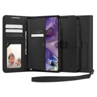 Луксозен кожен калъф тефтер портмоне с кайшка и слотове за карти Spigen Wallet S Plus за Samsung Galaxy S23 SM-S911B черен 